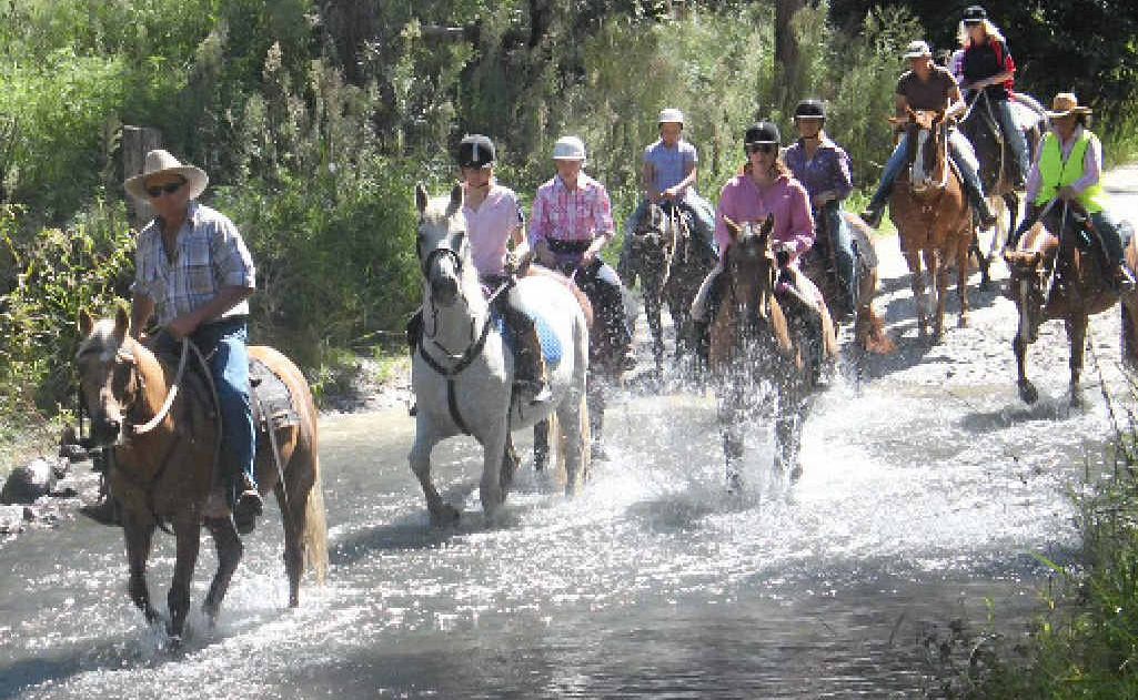 Trail riders kick off the trek with a splash, heading through the first crossing on the Leanne Hoffman Trail Ride. Trail riders kick off the trek with a splash, heading through the first crossing on the Leanne Hoffman Trail Ride.